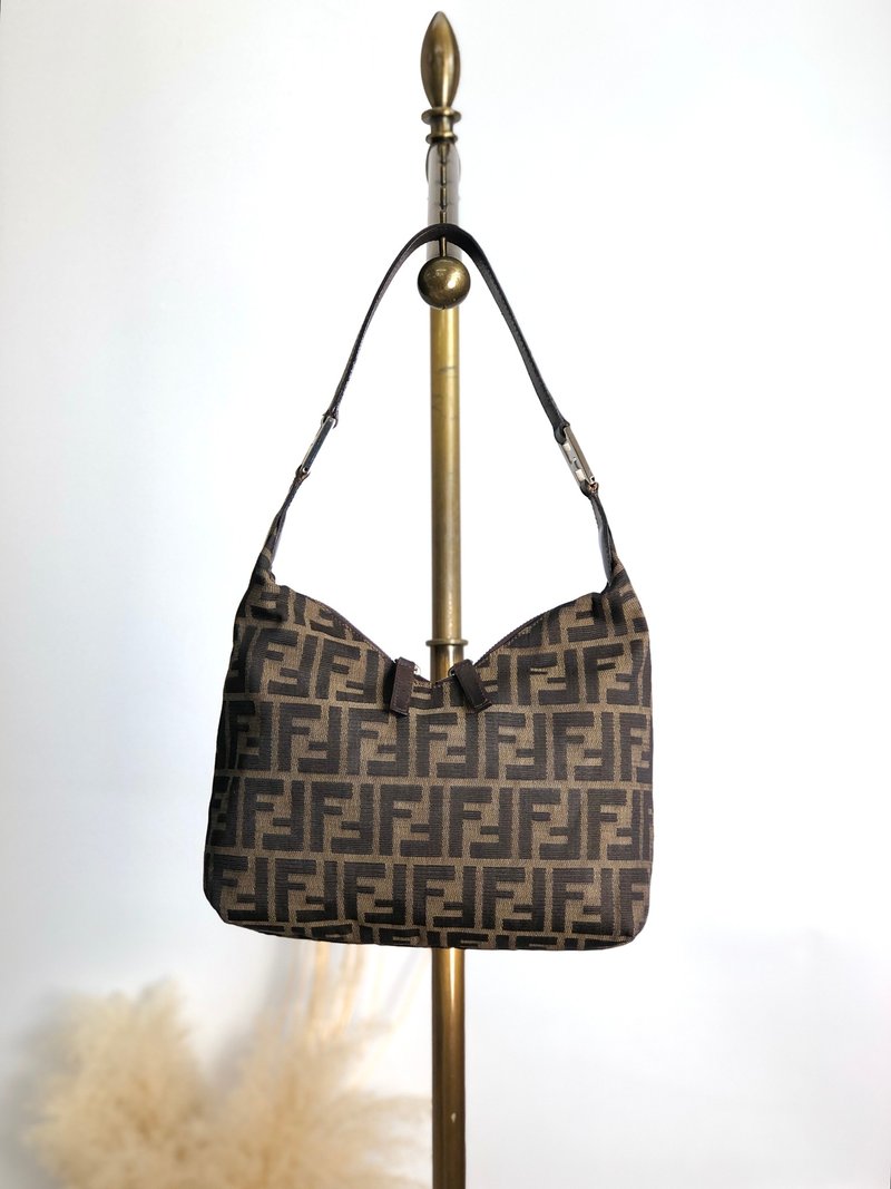 【 日本直送　名牌中古包 】FENDI フェンディ ズッカ ショルダーバッグ ブラウン ジャガード ホーボーバッグ vintage ヴィンテージ  y8i6bp - 側背包/斜背包 - 棉．麻 咖啡色