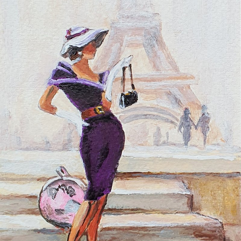 Postcard Paris Painting France Cityscape Eiffel Tower Original Art Woman Figure - โปสเตอร์ - วัสดุอื่นๆ หลากหลายสี