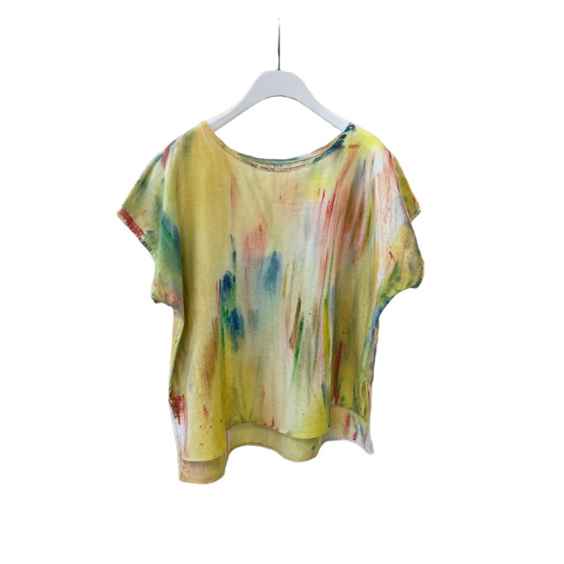 Linen one-sleeve hand-painted color top - เสื้อผู้หญิง - ผ้าฝ้าย/ผ้าลินิน หลากหลายสี