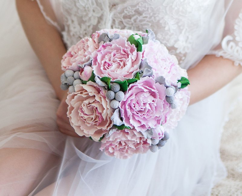 Pink peony bridal bouquet - Bridesmaid artificial bouquet - Barn wedding bouquet - 植物/盆栽/盆景 - 黏土 粉紅色