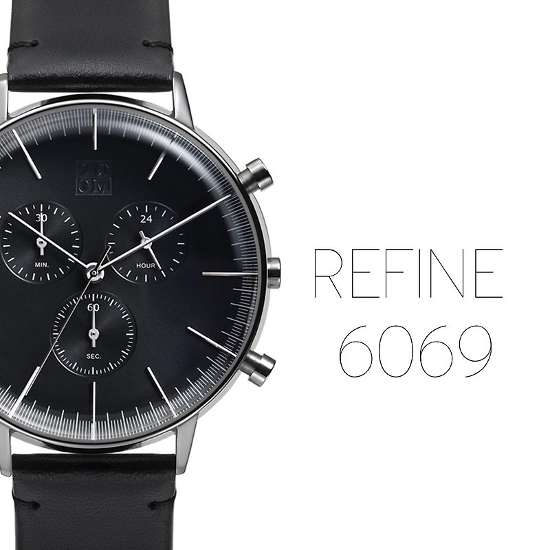 REFINE 6069 純粹經典計時皮革男錶 - 黑色 - 男錶/中性錶 - 真皮 黑色