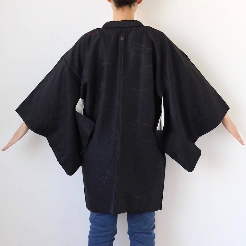black LANDSCAPE kimono, kimono top, black kimono, Haori /2034 - เสื้อแจ็คเก็ต - เส้นใยสังเคราะห์ สีดำ