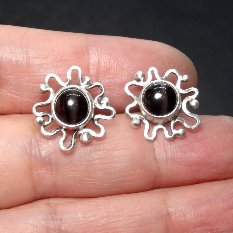 耳環 方柱石 淡淡貓眼現象 925銀飾 金工 寶石 飾品 首飾 - 耳環/耳夾/耳骨夾 - 寶石 黑色