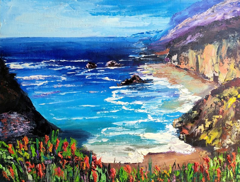 Big Sur Painting Beach Original Art California Seascape Impasto Oil Painting - 海報/掛畫/掛布 - 其他材質 多色