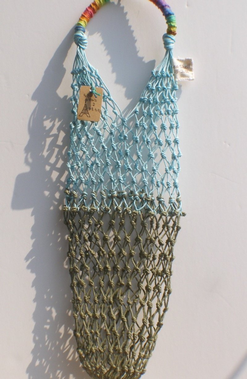 環保手工編織網袋－墨綠色+湖水藍色 /手提袋／飲料/小保溫瓶 - 飲料提袋/杯袋/杯套 - 棉．麻 