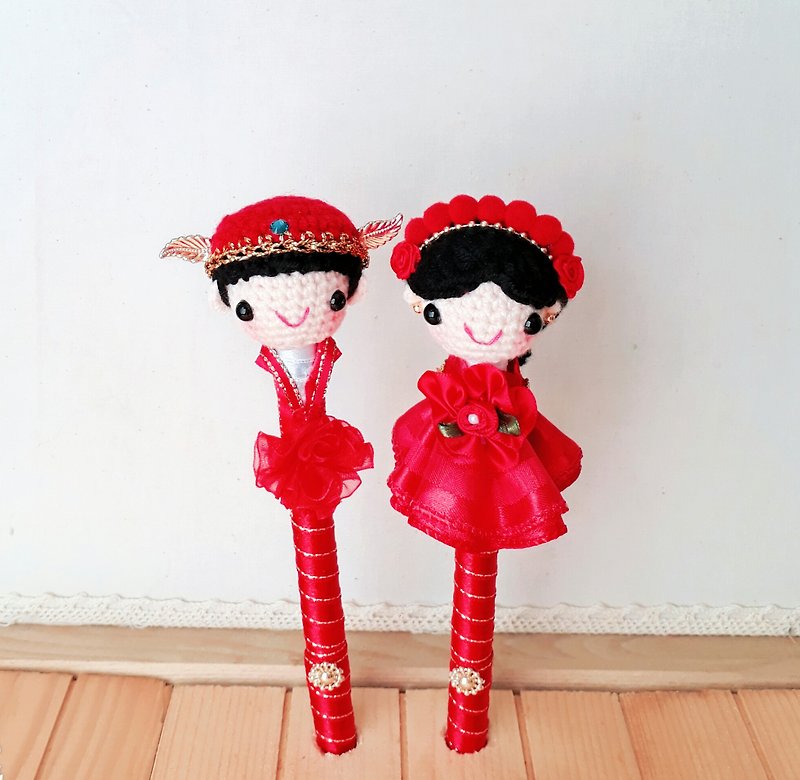 Chinese-style wool new couple wedding signature pair pen set (including red ribbon pen holder) - อุปกรณ์เขียนอื่นๆ - วัสดุอื่นๆ สีแดง