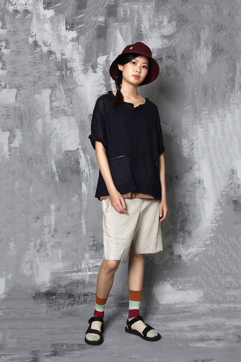 Quicksand context cotton Linen Shorts - กางเกงขายาว - ผ้าฝ้าย/ผ้าลินิน สีน้ำเงิน