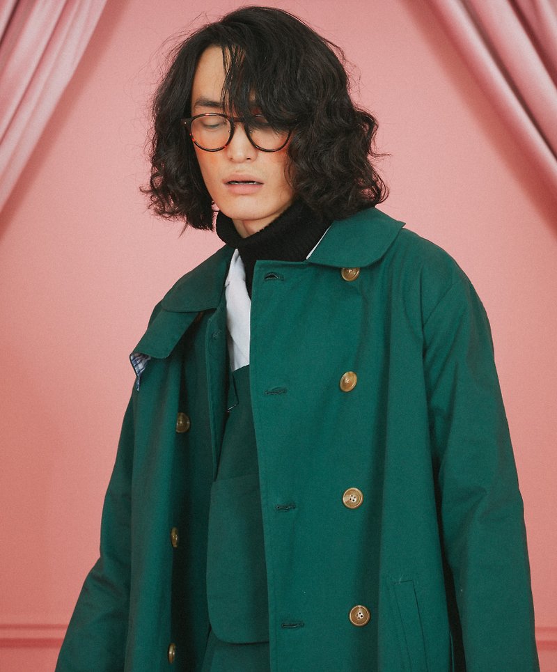 low-round collar trench coat with belt (unisex) - Men's Coats & Jackets - Cotton & Hemp Green
