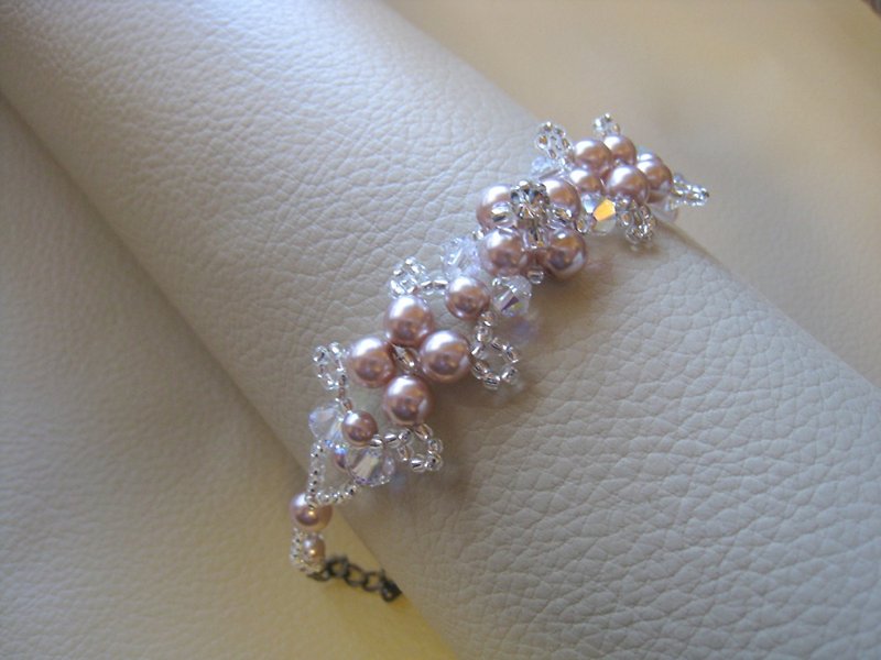 Silky Pearl & Swarovski Crystal Bracelet / JAB : Pink - Bracelets - Pearl Pink
