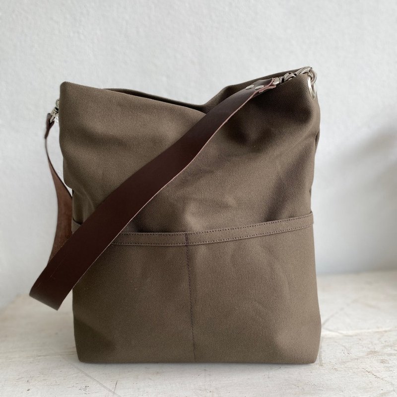 Hobo Tote Bag, Canvas Zipper tote, Shoulder bag with leather strap-Taupe Brown - Messenger Bags & Sling Bags - Other Materials Brown