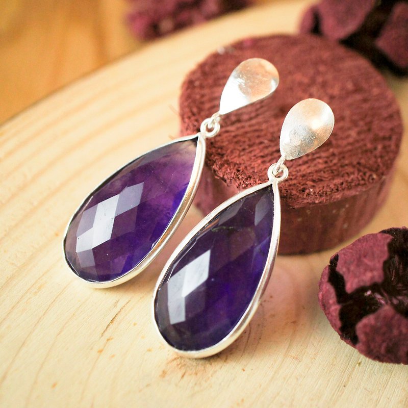 16x32mm Rose Cut Pear Amethyst  Silver Earring - Earrings & Clip-ons - Gemstone Purple