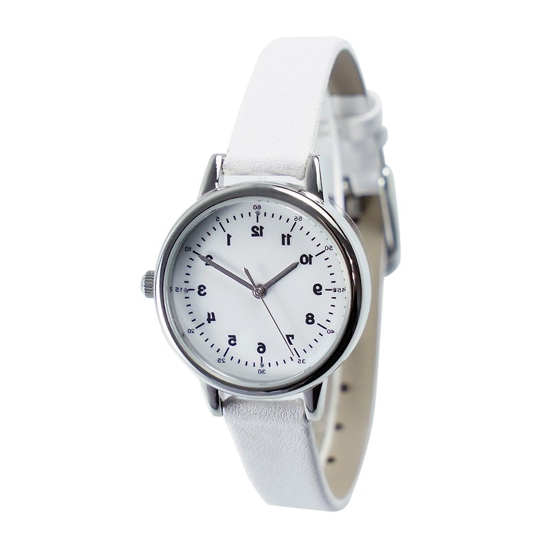 Backwards Ladies Watch Elegant Watch in White Strap Free Shipping Worldwide - Women's Watches - Other Metals White