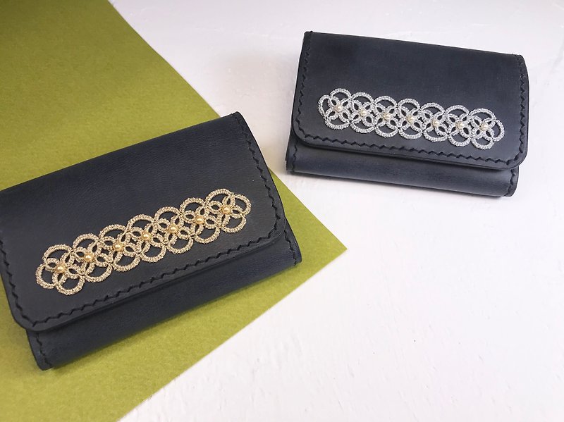 Tatted lace leather card case(dark navy blue) / coin pure / handmade  - ที่เก็บนามบัตร - หนังแท้ สีดำ