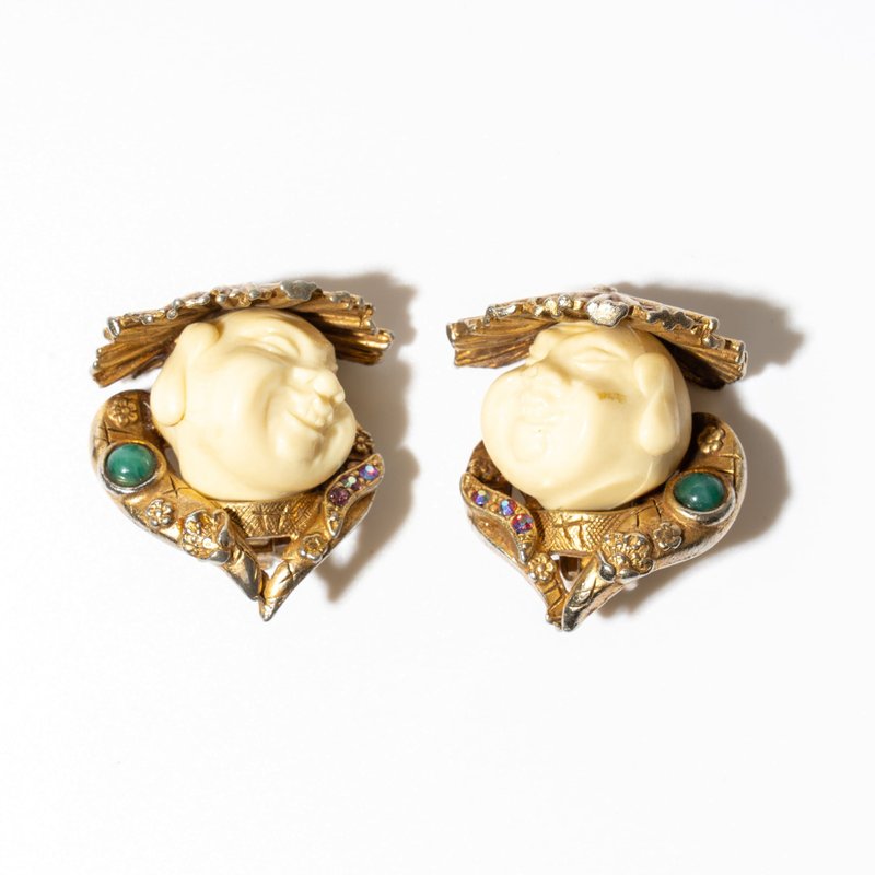 60s USA HAR Vintage buddha earrings - 耳環/耳夾/耳骨夾 - 其他材質 白色