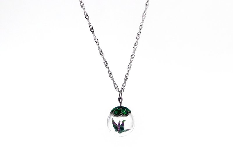 Paper Crane Glass Ball Necklace (Green Leaf Jungle)-Christmas Gift - สร้อยคอ - กระดาษ สีเขียว