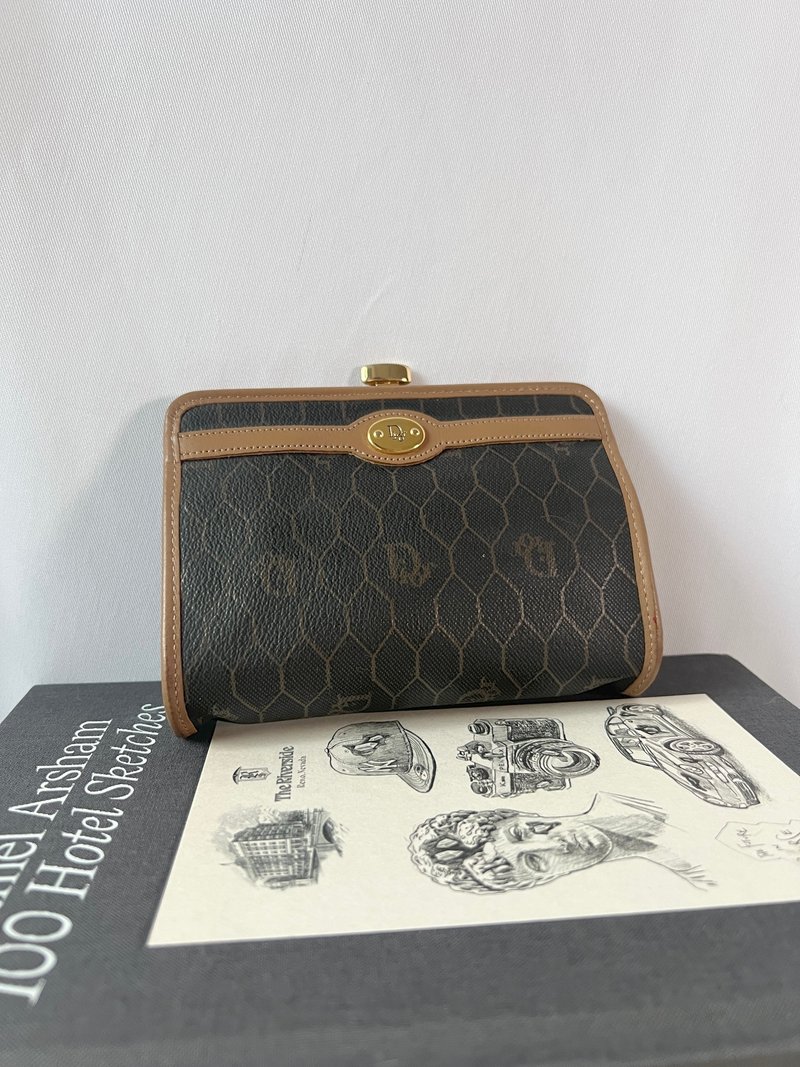 Dior black second-hand honeycomb gold coin purse handbag Japanese second-hand vintage - กระเป๋าใส่เหรียญ - หนังแท้ สีนำ้ตาล