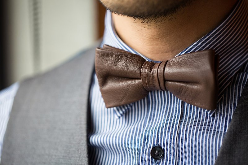 [MAJORLIN] Lambskin Bow Tie Brown Tie Leather - Ties & Tie Clips - Genuine Leather Brown