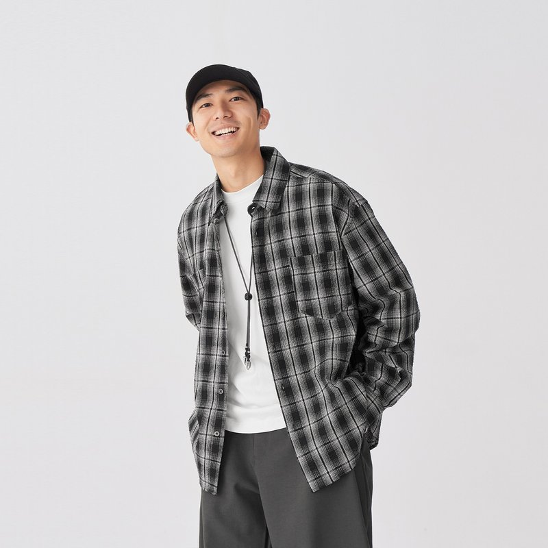TopBasics 雙口袋格紋襯衫 - 男襯衫/休閒襯衫 - 聚酯纖維 黑色