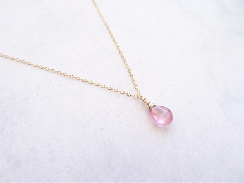 Tourmaline Faceted Teardrop Briolette Dangle Dainty 14K GF Necklace (Pink) - Collar Necklaces - Gemstone Pink
