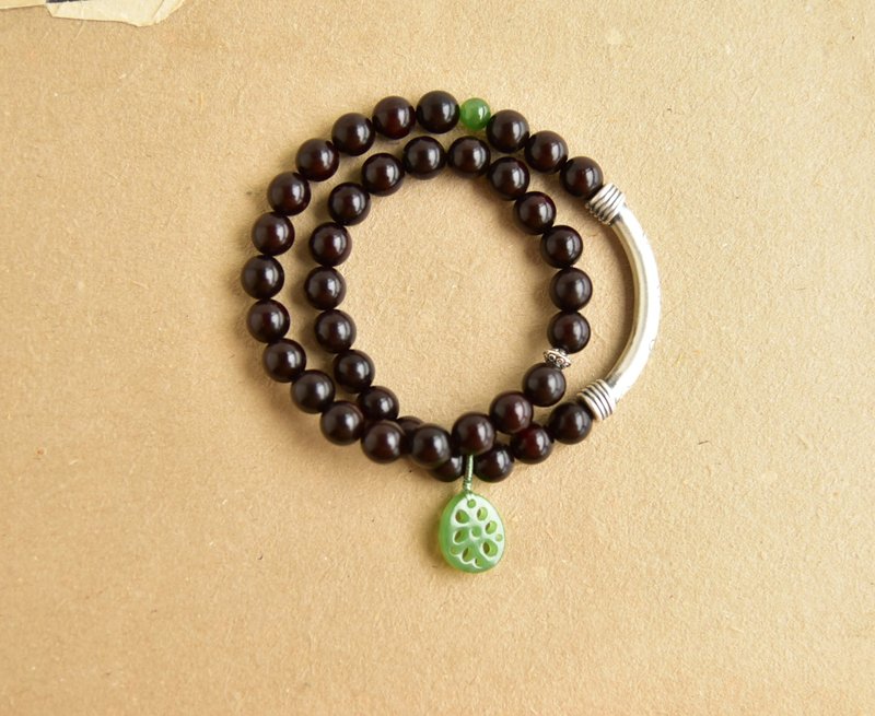 【流年】小葉紫檀 碧玉蓮藕 925銀手鐲 復古禪意手鏈手環 - 手鍊/手環 - 木頭 紅色