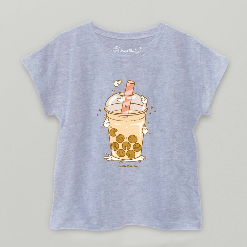 麻糬兔珍奶T-shirt-麻灰色 - 女上衣/長袖上衣 - 棉．麻 灰色