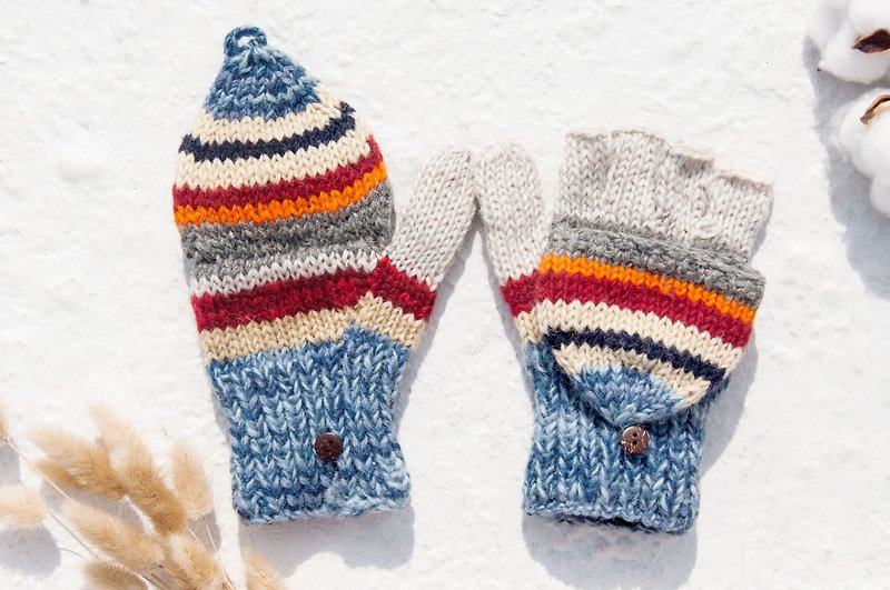 Hand-knitted pure wool knit gloves / detachable gloves / inner bristled gloves / warm gloves - colorful stripes - Gloves & Mittens - Wool Multicolor
