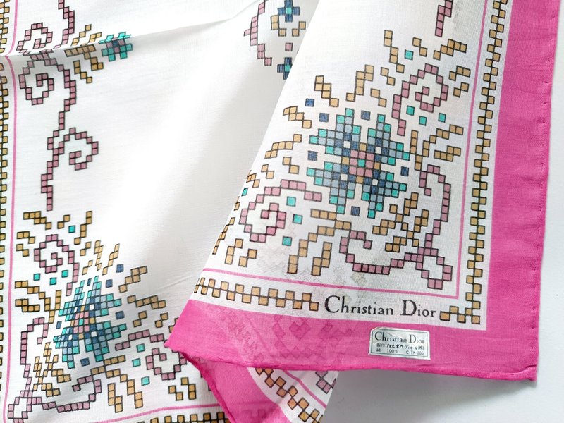 Christian Dior Vintage Handkerchief Pocket Square Pixel 16.5 x 16 inches - 手帕 - 棉．麻 橘色