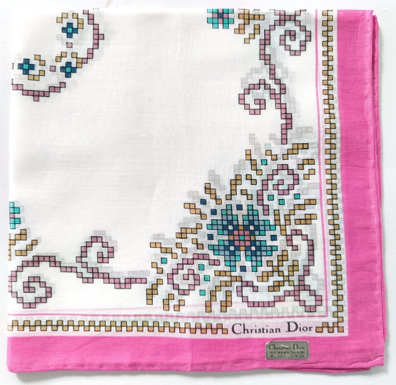 Christian Dior vintage handkerchief – Pixel Embroidery Style 16.5 x 16 inches - 手帕 - 棉．麻 橘色