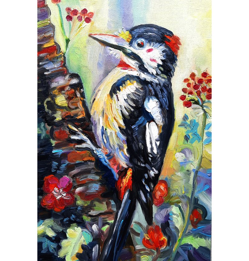 Forest Bird Art Colorful Original Art  Oil Painting  Oil On Cardboard 30 by20sm - 壁貼/牆壁裝飾 - 其他材質 咖啡色
