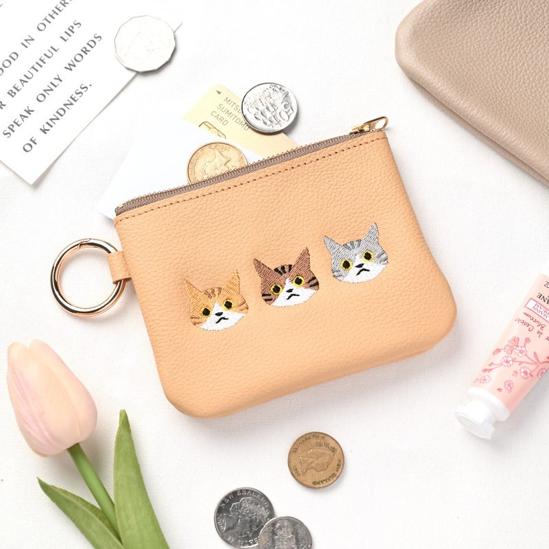 日本姬路皮革刺繡環扣小包 真皮感應車鑰匙收納包 HW46K - 化妝包/收納袋 - 真皮 黃色