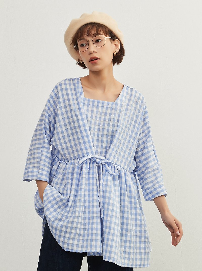 Gingham check pullover/square neck/front ribbon 3/4 sleeve tops - เสื้อผู้หญิง - เส้นใยสังเคราะห์ สีน้ำเงิน