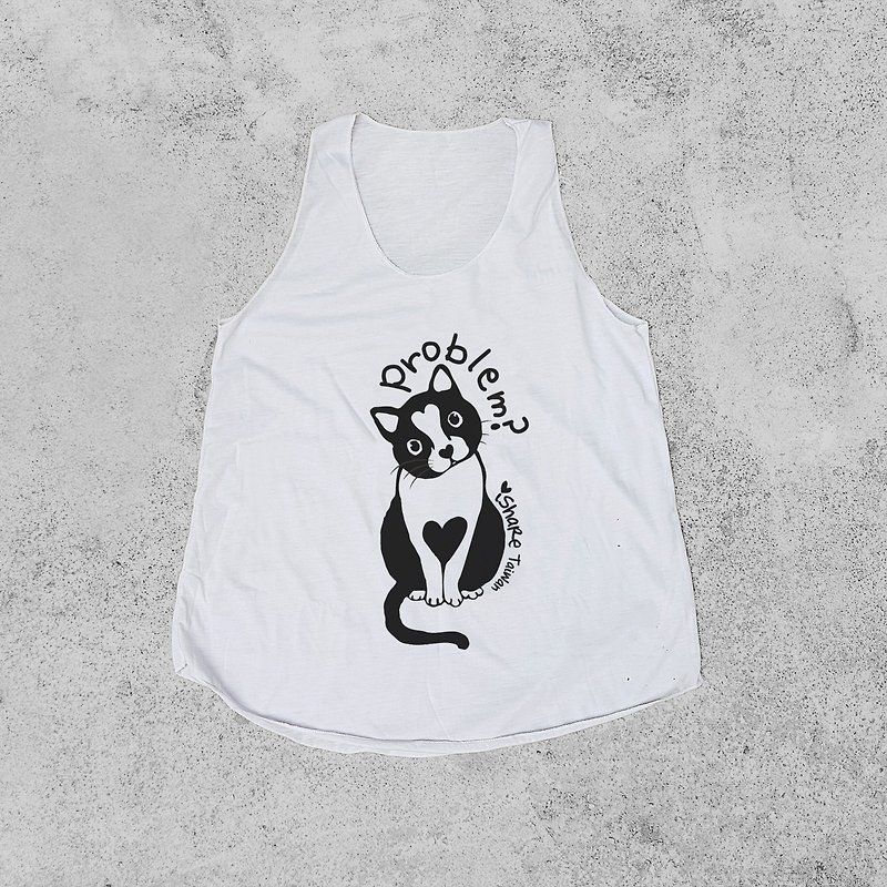 Aqua A word vest - black and white cat hand printed - เสื้อกั๊กผู้หญิง - ผ้าฝ้าย/ผ้าลินิน ขาว