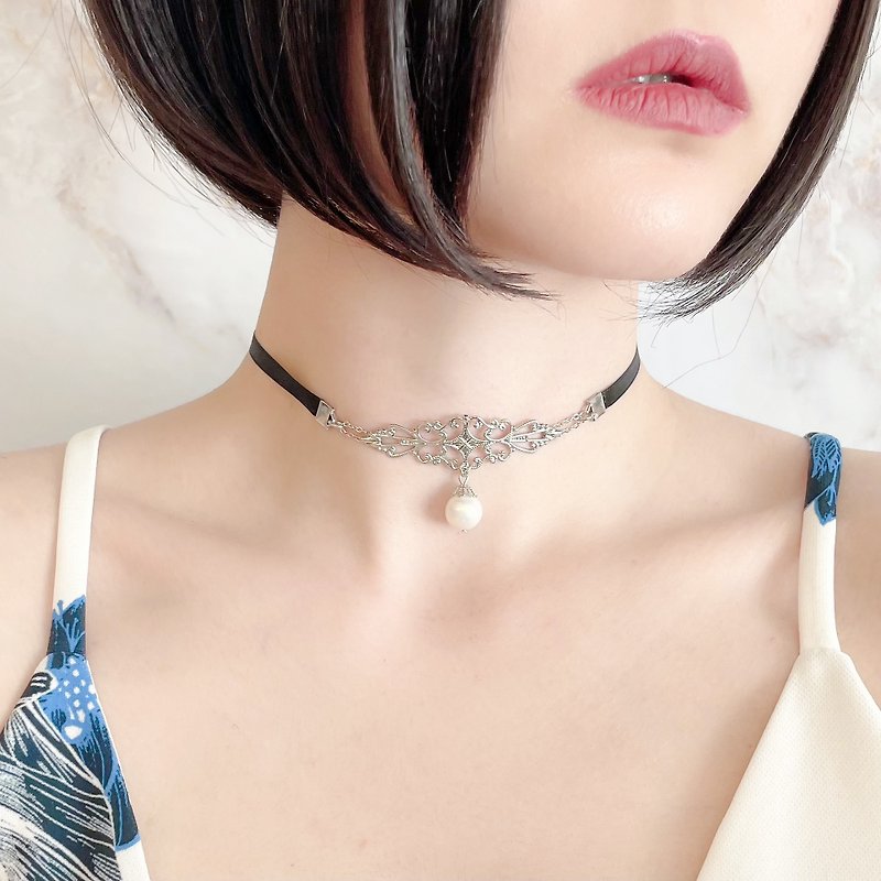 Silver /drop/black ribbon and pearl choker SV005S - Chokers - Other Metals Silver