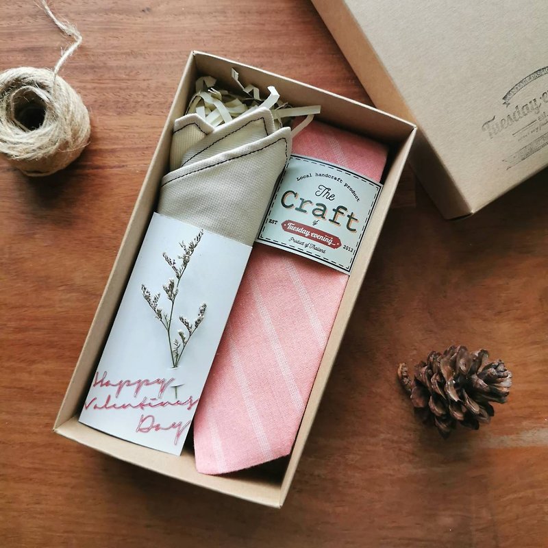 Valentine Set - The Craft Pink Embroided White Stripe Necktie with pocket square - เนคไท/ที่หนีบเนคไท - ผ้าฝ้าย/ผ้าลินิน สึชมพู