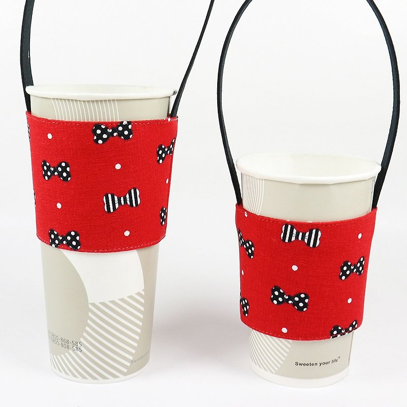 Beverage Cup Set Eco Cup Holder Bag - Bow (Red) - ถุงใส่กระติกนำ้ - ผ้าฝ้าย/ผ้าลินิน สีแดง