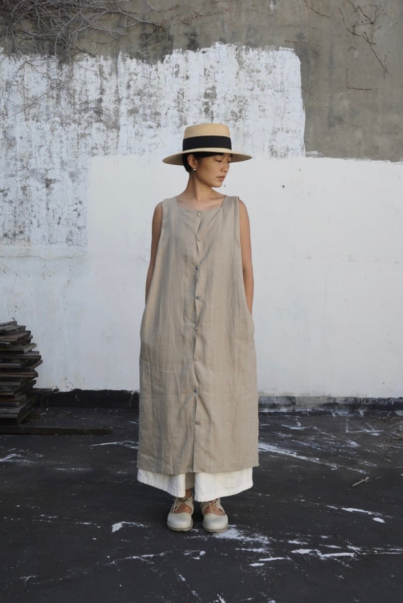 birphin | wavy dress | white tea | 100%linen - ชุดเดรส - ผ้าฝ้าย/ผ้าลินิน สีกากี