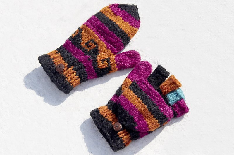クリスマスプレゼントのアイデアギフトのプレゼント交換限定版手織りの純粋なウールニット手袋/取り外し可能な手袋/手袋/（ネパール製）暖かい手袋毛 - 南ピンクの色のコントラストトーテムオーシャン - 手袋 - ウール 多色