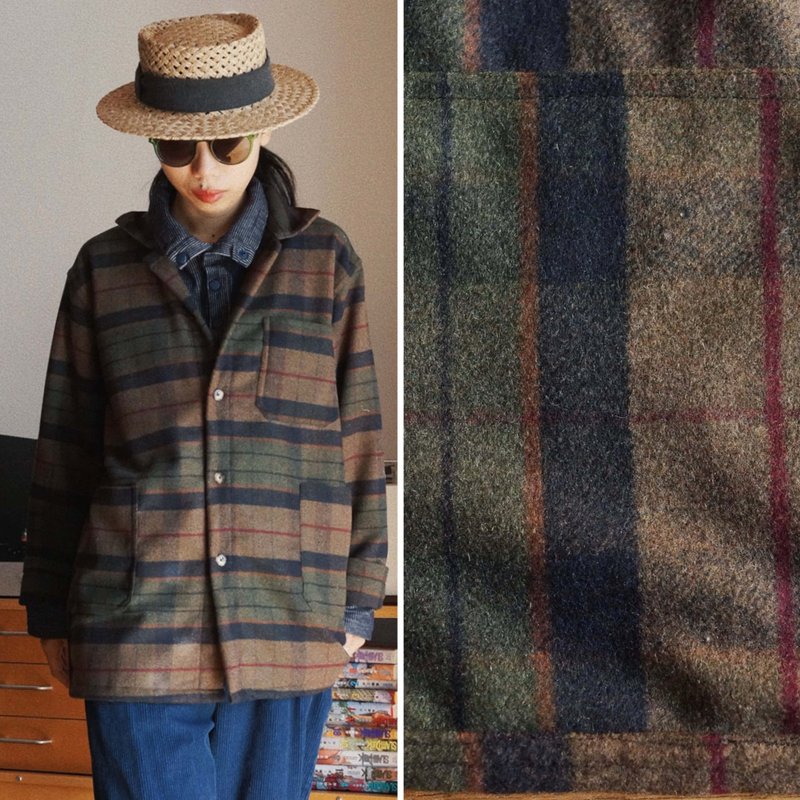 綠色格紋羊毛 中性 冬季長袖襯衫外套 經典法式3兜工裝 - 女裝外套/大衣 - 羊毛 綠色