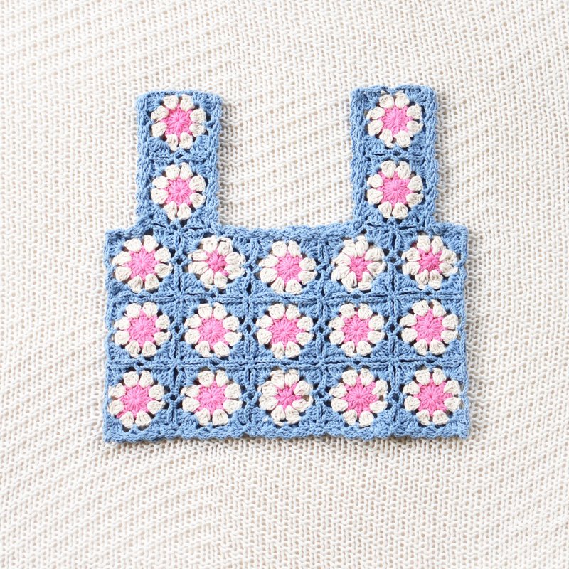 Maya Blue-Pink Daisy Crop Top - 女上衣/長袖上衣 - 棉．麻 