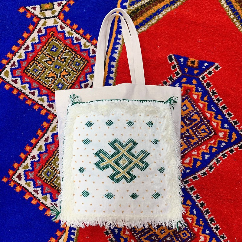 Amazigh handmade wool woven blanket canvas tote bag gold grain - กระเป๋าถือ - ขนแกะ สีเขียว