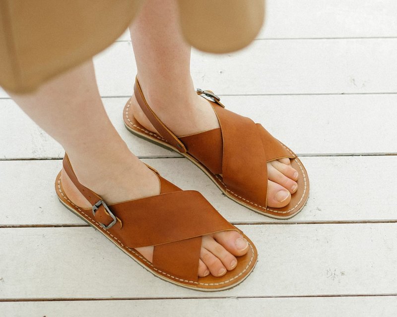 Sandals, Flip-Flops, Leather Flats, Strappy Sandals, Casual Sandals, Flat Sandal - 涼鞋 - 真皮 咖啡色