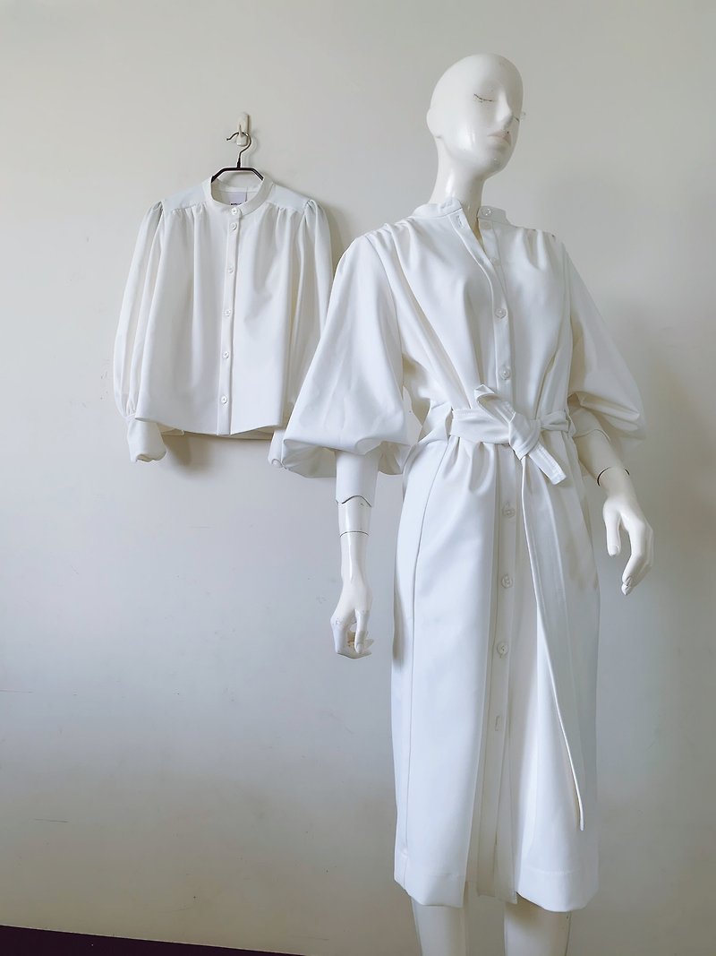 白色燈籠袖襯衫洋裝 - 洋裝/連身裙 - 聚酯纖維 白色