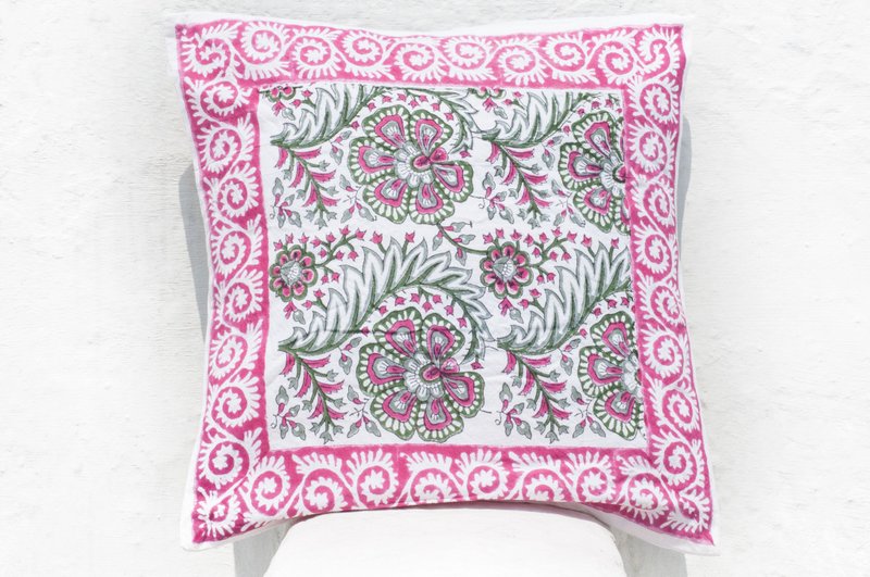 Handmade wood engraved pillowcases cotton pillowcases hand-printed hug pillowcase - French pink romantic flowers - Pillows & Cushions - Cotton & Hemp Pink