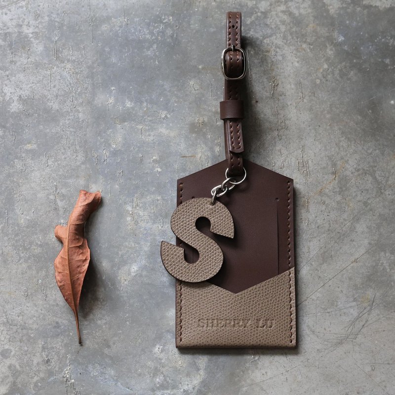 Luggage Tag Oatmeal Palm Print/Dark Coffee Customized Gift - Luggage Tags - Genuine Leather Khaki