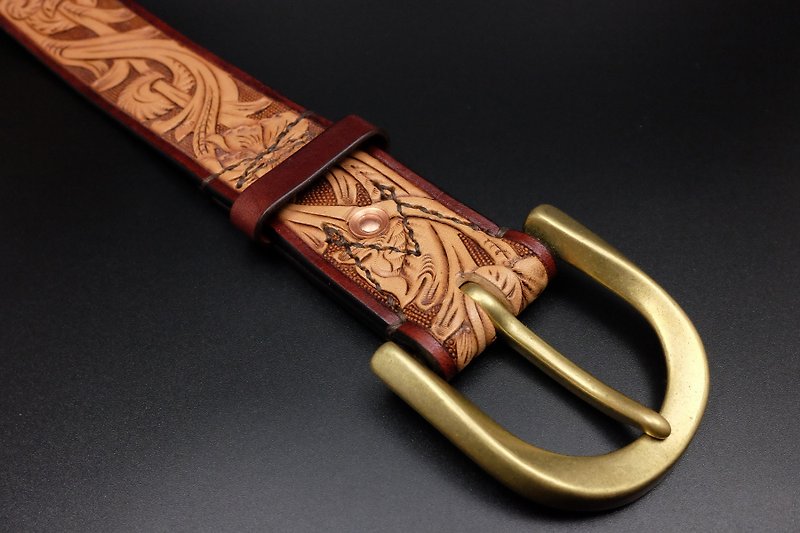 [KH] Handmade Tang grass carving belt 35mm width (belt leather vegetable tanned leather carving) - เข็มขัด - หนังแท้ สีนำ้ตาล