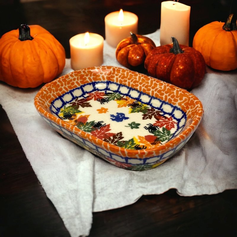 Polish hand-painted handmade pottery - oval square plate 16cm pumpkin Halloween series designer model - Plates & Trays - Pottery Orange