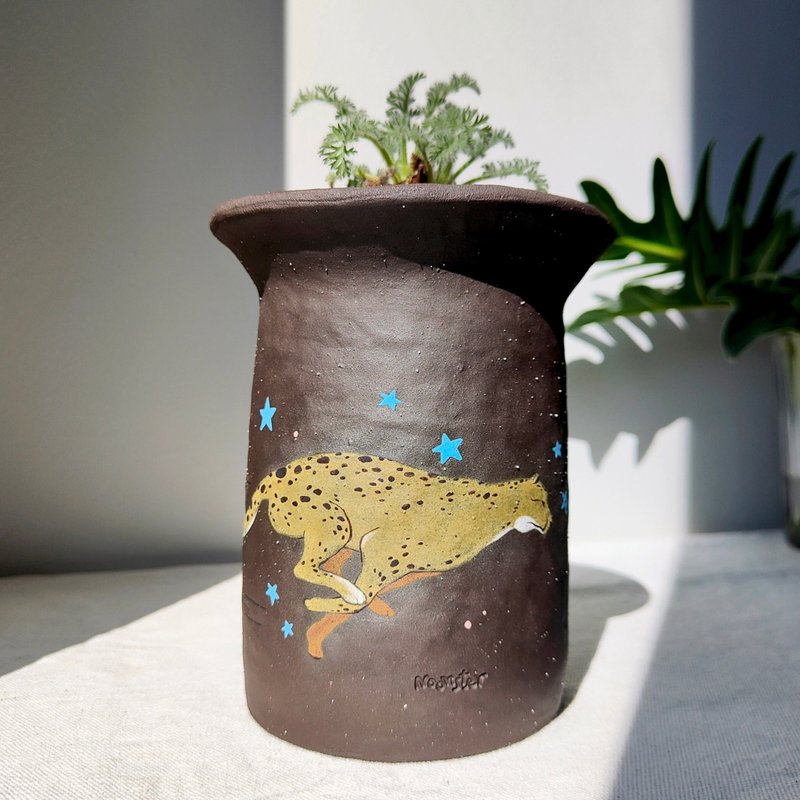 Cheetah and Hippo painted on black clay planter. Plant pot with drainage. - Pottery & Ceramics - Pottery 