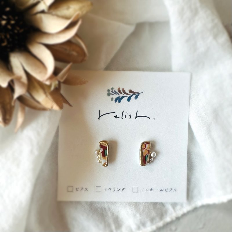 【再販】色鮮やか 有田焼 パール 金継ぎ ピアス イヤリング ノンホールピアス シンプル 陶片 陶器 赤 レッド 黄色 イエロー 緑 グリーン ゴールド 金 - 耳環/耳夾/耳骨夾 - 陶 紅色