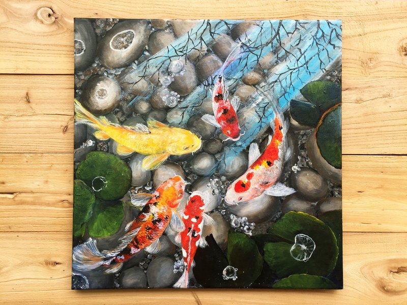 【五鯉圖】錦鯉魚池丙烯原作 | 五福臨門風水掛畫 | 玄關客廳畫作 - 海報/掛畫/掛布 - 棉．麻 