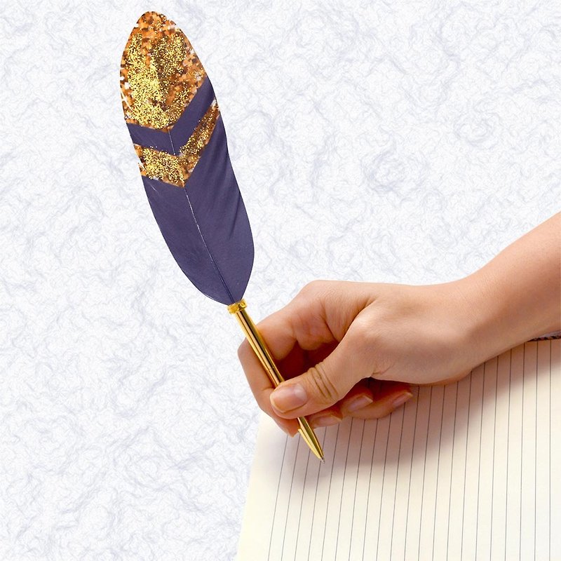 日本Quill Pen 羽毛原子筆Gold奢華系列 G02 羽毛筆 深藍金蔥 - 原子筆 - 其他材質 藍色